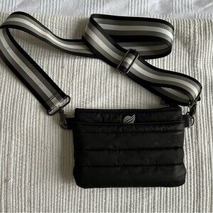 THINK ROYLN Black Quilted Crossbody Bag with Striped Strap